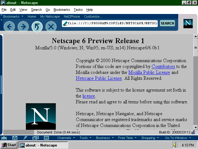 [Netscape 6.0 Preview Release 1 screenshot]