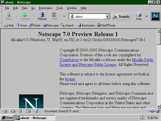 [Netscape 7.0 Preview Release 1 screenshot]